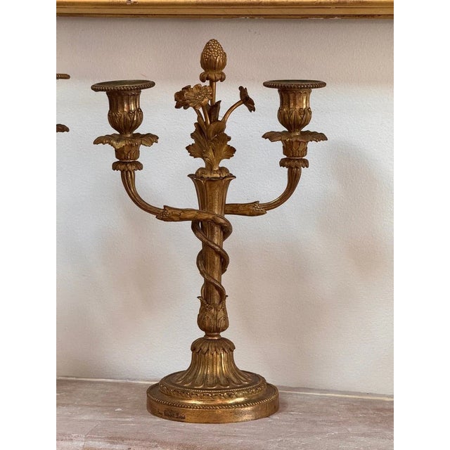 Metal 18th Century Pair of Rare Eugène Bazart Louis XVI Gilt Bronze Two-Light Candelabra For Sale - Image 7 of 8