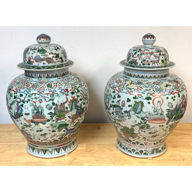 Pair Monumental Chinese Famille Verte Buddhist Ginger Jars, Late Qing Dynasty For Sale - Image 12 of 18