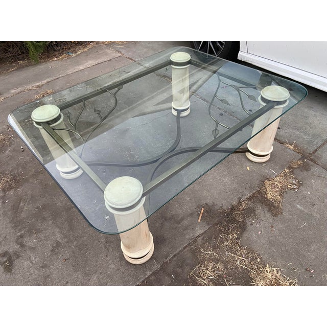 Vintage Bernhardt MCM Modern Glass Steel and Stained Wood Cocktail Coffee Table is a square coffee table with a glass...