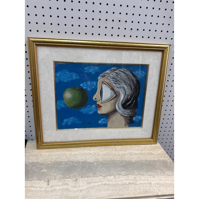 Fantastic 1960s Original Printing oil on board depicting a surrealist scene after Rene Magritte. Framed in vintage frame...