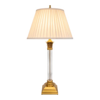 Mid 20th Century Crystal Column Table Lamp With Brass Accents For Sale
