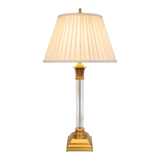Mid 20th Century Crystal Column Table Lamp With Brass Accents For Sale