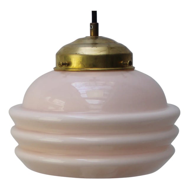 French Pink Reeded Clichy Glass Pendant Lamp For Sale