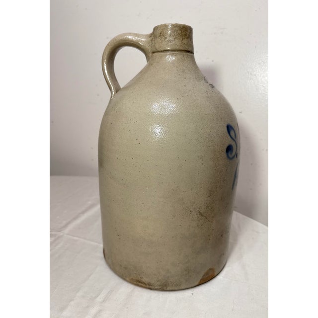 Gray Antique 1800s Antique Ottman Bros. Ny Stoneware Salt Glazed Cobalt Pottery 2 Jug For Sale - Image 8 of 11