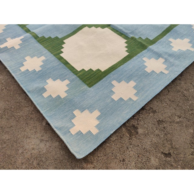 Handmade Woolen Flat Weave Swedish Pattern Sky Blue and Forest Green Area Rug - 9'x14' For Sale - Image 9 of 17