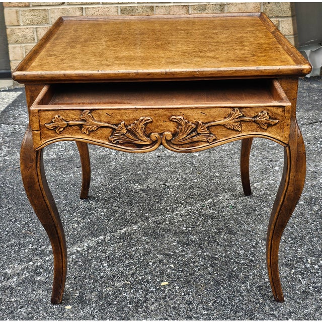 French Provincial Provincial Style Carved Fruitwood Single-Drawer Side Table For Sale - Image 3 of 10