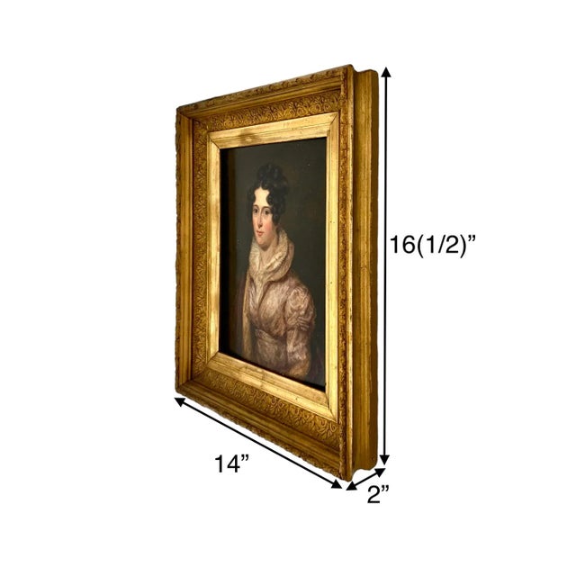 Antique Portrait Elgant Lady Fine Painting Oil on Board in Wooden Golden Frame For Sale - Image 4 of 9