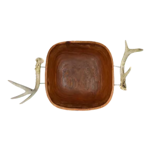 Mid-Century Organic Rustic Handmade Wood Carved Solid Wood Square Bowl With Natural Antler Handles