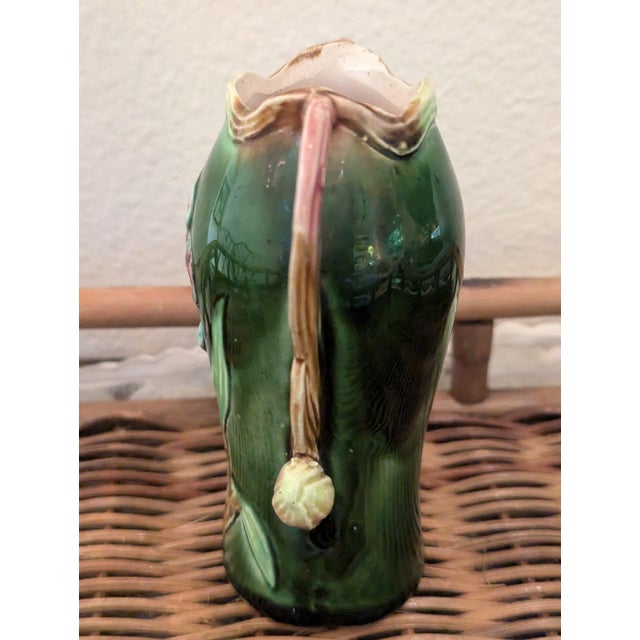 1900 - 1909 Antique French Majolica Iris Vase Twin Handle Green Pink Continental Mold 1207 For Sale - Image 5 of 9