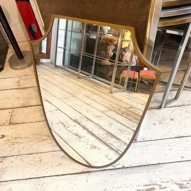 Brass 1950s Gio Ponti Style Mid-Century Modern Brass Shield Italian Wall Mirror For Sale - Image 8 of 14