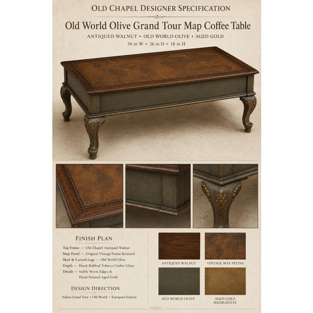Grand Tour Vintage Grand Tour World Map Coffee Table in Weathered Old World Olive and Antiqued Walnut For Sale - Image 3 of 4