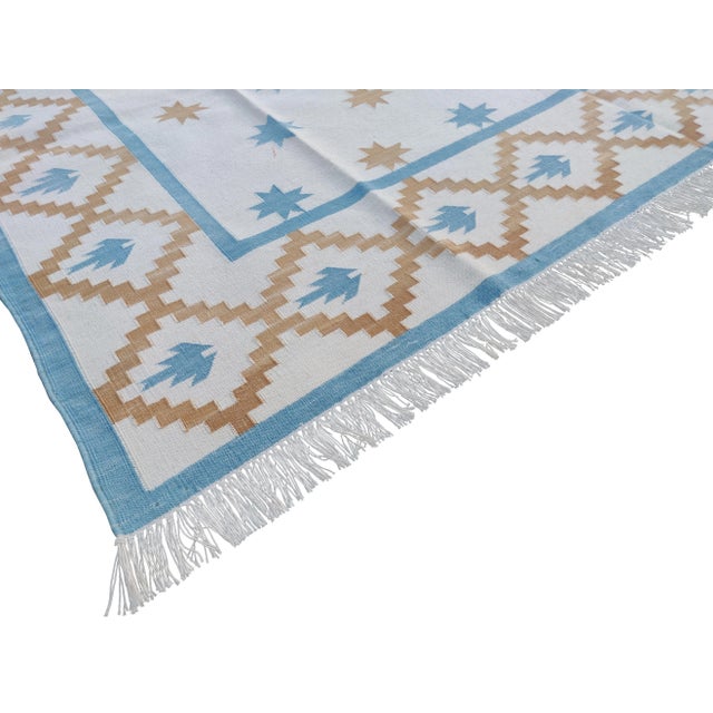 Handmade Cotton Vegetable Dyed White, Sky Blue and Tan Star and Gingham Rug - 8'x10' For Sale - Image 6 of 10