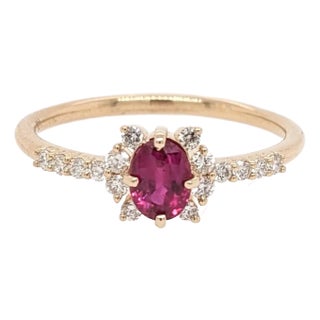 Dainty Red Ruby Ring W Earth Mined Diamonds in Solid 14k Gold | Oval 5.3x4mm, Size 6.75 For Sale