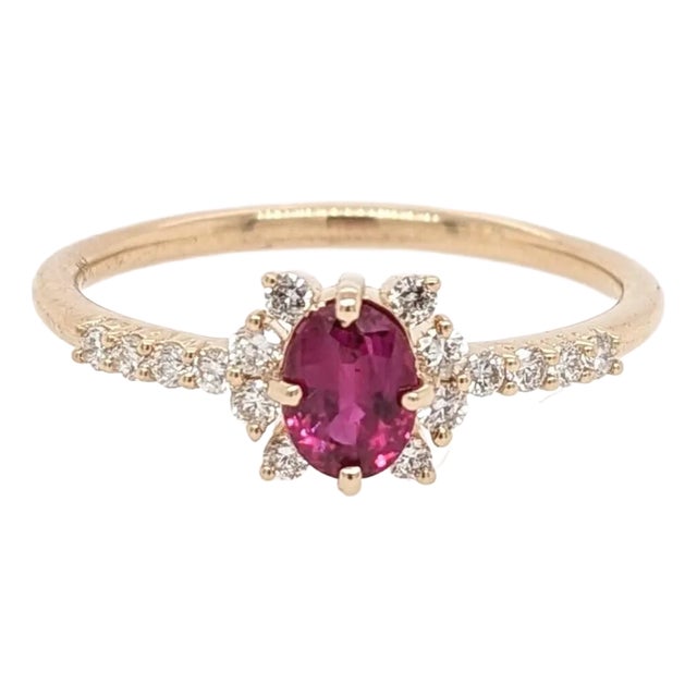 Dainty Red Ruby Ring W Earth Mined Diamonds in Solid 14k Gold | Oval 5.3x4mm, Size 6.75 For Sale