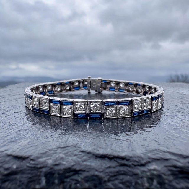 Early 20th Century Art Deco Platinum Synthetic Calibre Cut Sapphire and Diamond Bracelet For Sale - Image 4 of 4