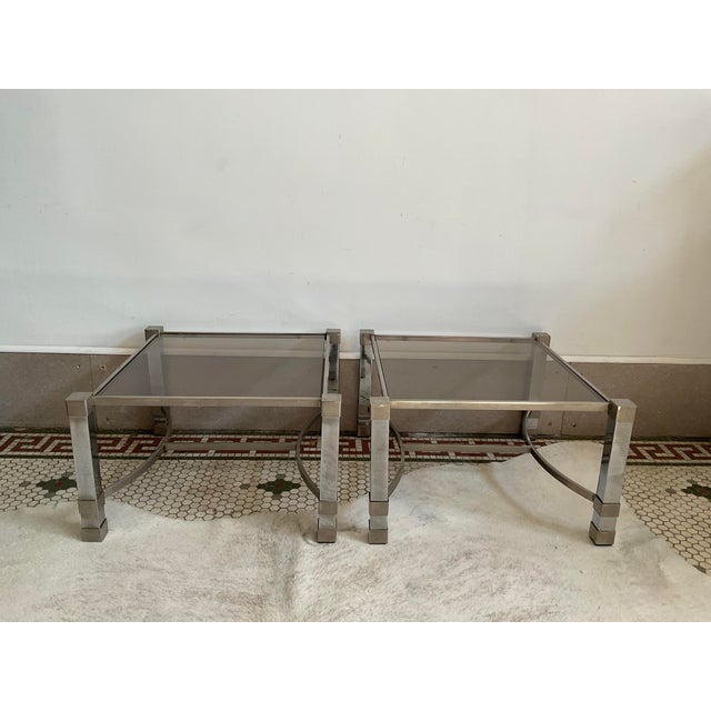 Pair of Metal Deco Tables With Smoked Glass Tops, 1960's, French For Sale - Image 15 of 17