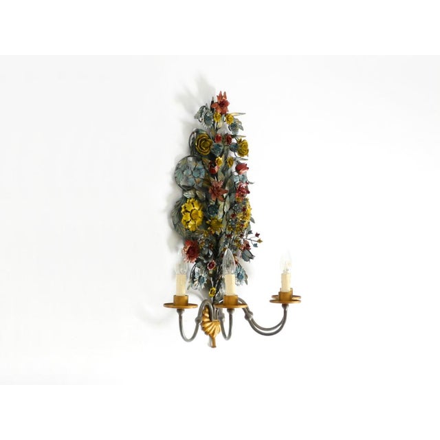 Huge, beautiful 1960s hand-painted and gold-plated metal wall lamp. The height is 76cm | 29,9". designed and manufactured...