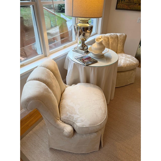 Custom Scallop Backed, Skirted Slipper Chairs in Cloud Dancer Damask, a Pair For Sale - Image 9 of 18