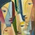 An original Cubist portrait featuring an arrangement of elongated, overlapping faces painted in warm yellow, blue, green,...