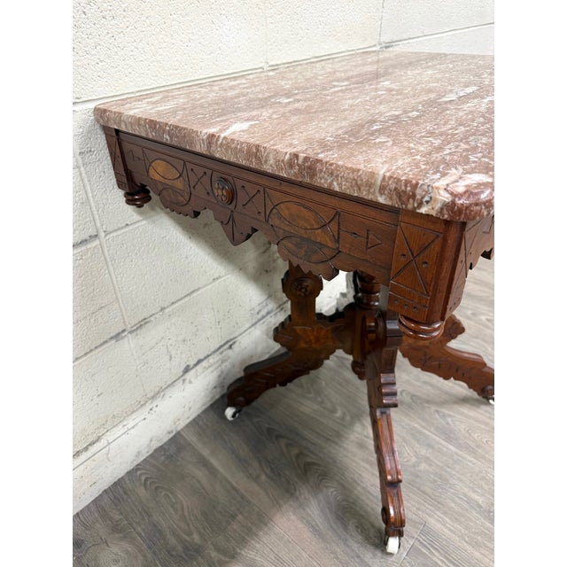 Antique Victorian Eastlake Marble Top Walnut Parlor Table For Sale - Image 13 of 14