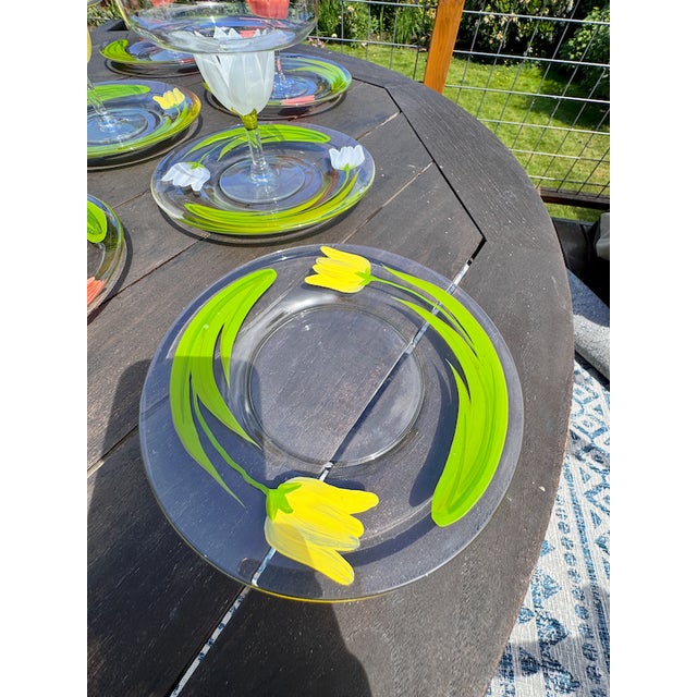 Vintage Hand Painted Tulip Glass Shrimp Cocktail Set For Sale - Image 9 of 11