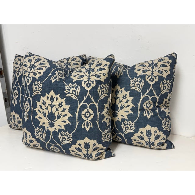 Design Plus Gallery presents a Set of Three Bespoke Floral Damask Throw Pillows. Each pillow is upholstered in a textured...