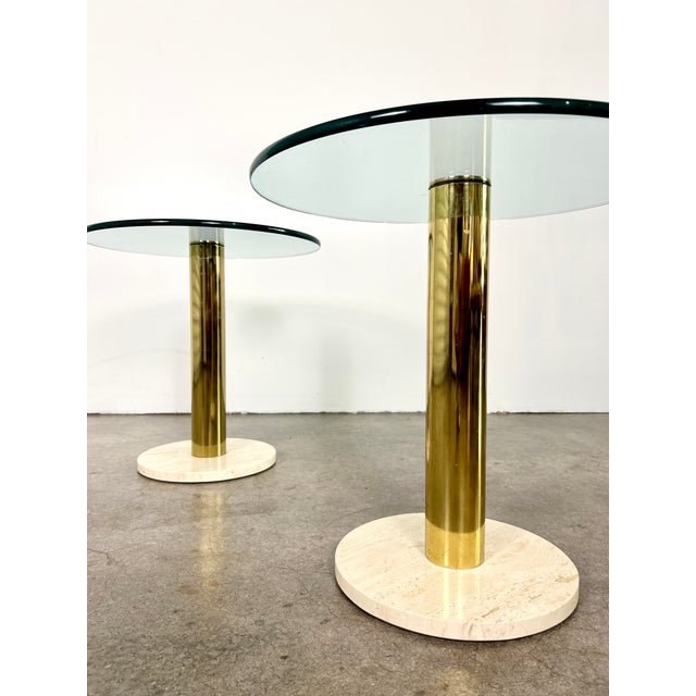 Postmodern Pair of Leon Rosen for Pace Furniture Round Glass, Brass and Travertine Side Tables For Sale - Image 3 of 9
