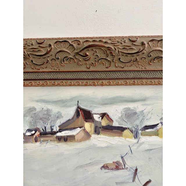 Vintage Original Oil Painting on Board – Snowy Farm and Barn Winter Landscape – Ornate Frame For Sale - Image 17 of 17