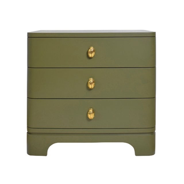 Matthew Izzo Home Fortune Olive Matte Lacquer Three Drawer Side Table With Brass Beetle Knobs For Sale - Image 11 of 11