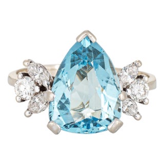 3.50ct Pear Cut Aquamarine Ring Vintage 14k White Gold Sz 6 Fine Jewelry For Sale