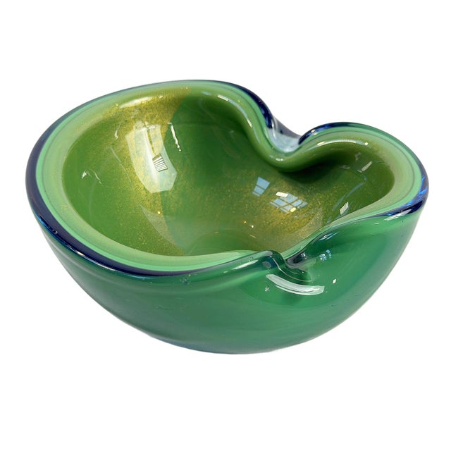 Mid 20th Century Green Murano-Style Art Glass Bowl With Gold Aventurine For Sale - Image 4 of 10