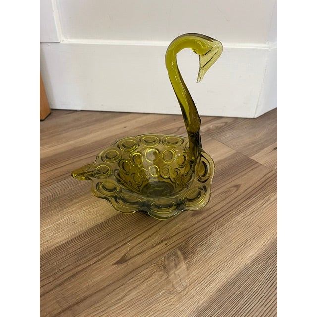 Mid 20th Century Vintage Mid-Century Modern Olive Green Art Glass Swan Trinket Dish For Sale - Image 5 of 8