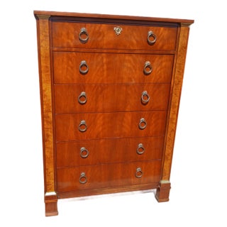 1960s Baker Furniture Empire Cherry & Burl Wood Highboy Dresser For Sale