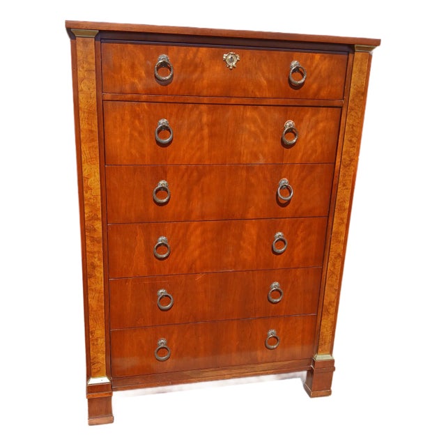 1960s Baker Furniture Empire Cherry & Burl Wood Highboy Dresser For Sale