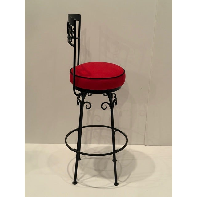 Black Hand Wrought Iron Fleur Di Lis Motif Bar Stools For Sale - Image 8 of 11