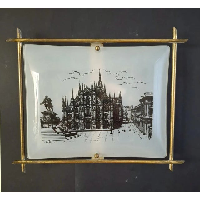 Vintage classic Italian rectangular wall light with a white glass diffuser decorated with the Duomo cathedral in Milan,...