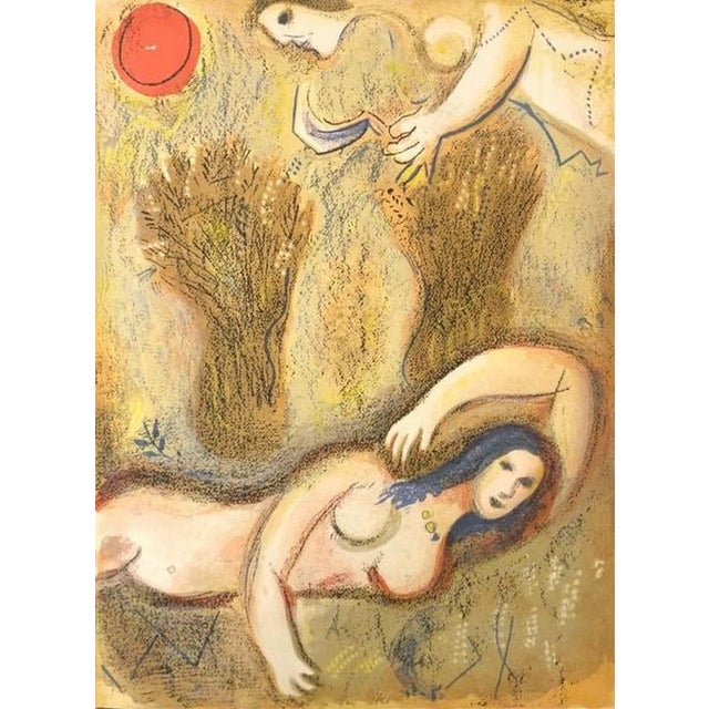 Original lithograph by Marc Chagall from The Bible of 1960 "Boaz wakes up and sees Ruth at his feet" Unsigned 35 x 26 cm...