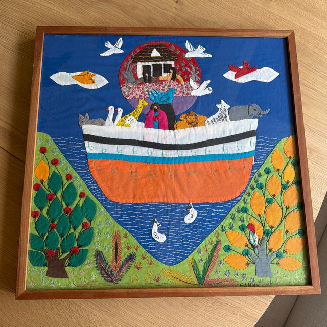 Charming vintage folk-art textile depicting Noah’s Ark in a wonderfully exuberant palette of cobalt blue, orange, green...