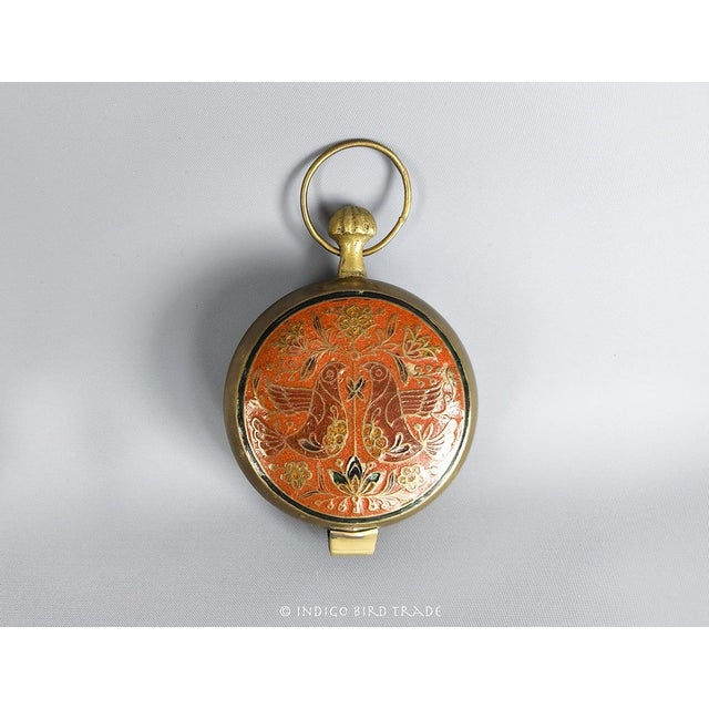 Folk Art Vintage Brass Enameled Trinket Box With Folk Art Style Birds and Flowers For Sale - Image 3 of 5