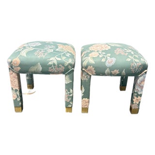 Pair of Vintage Mid-Century Parsons Stools in Palm Beach Regency Fabric For Sale