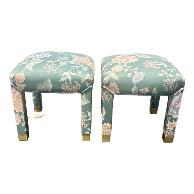 Pair of Vintage Mid-Century Parsons Stools in Palm Beach Regency Fabric For Sale