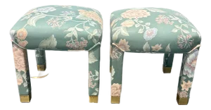 Pair of Vintage Mid-Century Parsons Stools in Palm Beach Regency Fabric