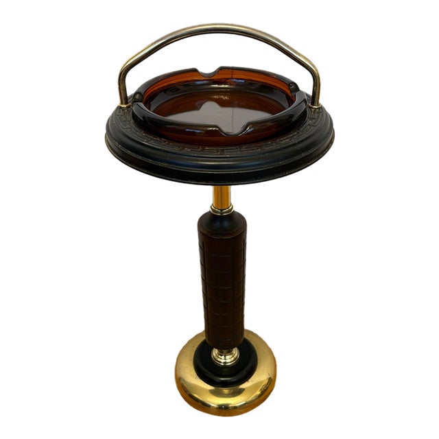 1970s Mid-Century Modern Brass and Faux Leather Floor Standing Ashtray With Amber Glass Insert For Sale