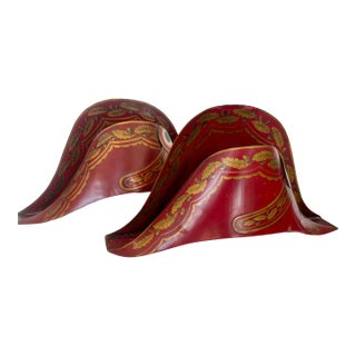 Pair of French Red Tole Napoleonic Hats Wall Light Sconces For Sale