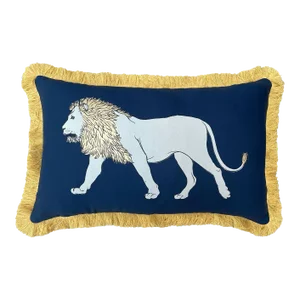 Fringed Lion Lumbar PIllow, Blue & Gold