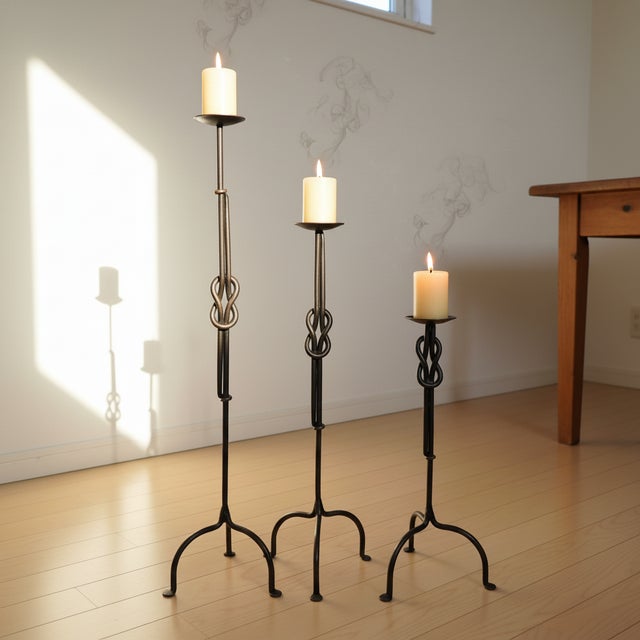2020s Hand Forged Iron Candelabra Set of 3 (88-108cm) Antique Copper Double Stem with Hercules Knot and Arched Base For Sale - Image 5 of 12
