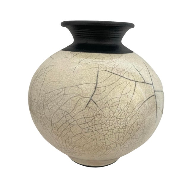Mid-Century Modern Vintage Studio Pottery Raku Vase Signed Crackle Glaze Black White 9” For Sale - Image 3 of 7