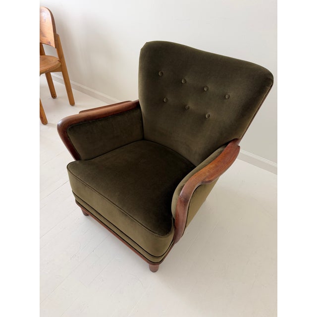 Danish Lounge Chair With Velvet and Wood Trimmed Armrest, 1940's For Sale - Image 16 of 16