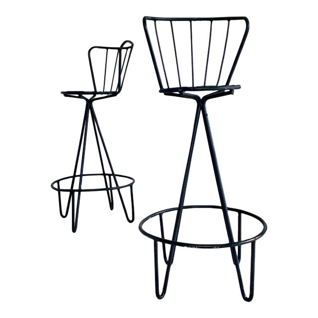 Relocation Super Sale! Wrought Iron Bar Stools Attributed to Frederic Weinberg - A Pair For Sale