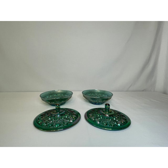 Indiana Glass Company Set of 2 Vintage Imperial Glass Button & Cane Lidded Dish For Sale - Image 4 of 7